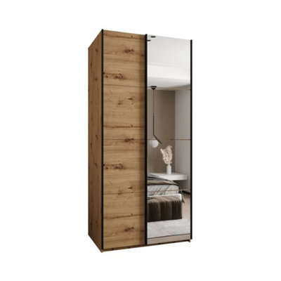 Trosa III Oak Artisan Mirrored Sliding Door Wardrobe W1000mm H2450mm D640mm with Black Steel Handles