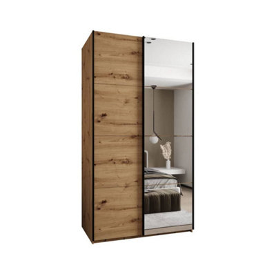 Trosa III Oak Artisan Mirrored Sliding Door Wardrobe W1300mm H2450mm D640mm with Black Steel Handles