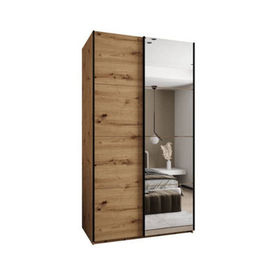 Trosa III Oak Artisan Mirrored Sliding Door Wardrobe W1400mm H2450mm D640mm with Black Steel Handles