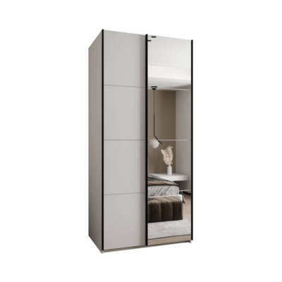 Trosa III White Mirrored Sliding Door Wardrobe W1100mm H2450mm D640mm with Black Steel Handles