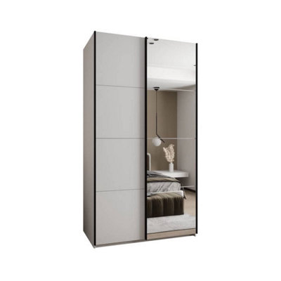 Trosa III White Mirrored Sliding Door Wardrobe W1300mm H2450mm D640mm with Black Steel Handles