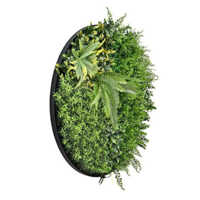 True Products Premium Artificial Living Wall ROUND Framed Art Panel 80cm Diameter Black Metal Frame