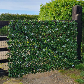 True Products Premium Expanding Willow Trellis Fence - Artificial Laurel And White Flower Garden Wall Screening