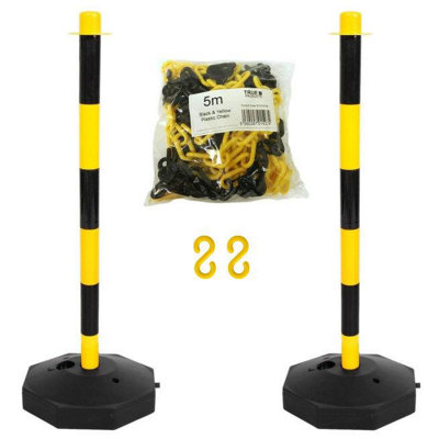 True Products Support Posts & Plastic Chain Barrier Set - 2 x Yellow and Black Posts & 5m Matching Chain