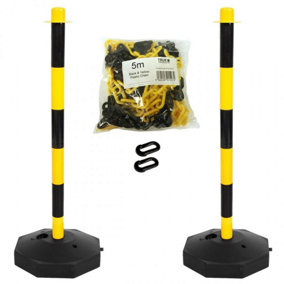 True Products Support Posts & Plastic Chain Barrier Set - 2 x Yellow and Black Posts & 5m Matching Chain