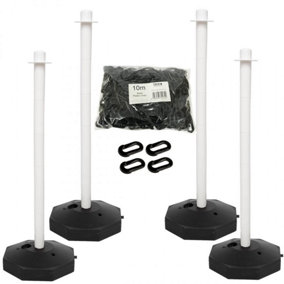 True Products Support Posts & Plastic Chain Barrier Set - 4 x White Posts & 10m Black Chain
