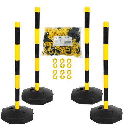 True Products Support Posts & Plastic Chain Barrier Set - 4 x Yellow & Black Posts & 10m Matching Chain