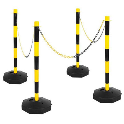 True Products Support Posts & Plastic Chain Barrier Set - 4 x Yellow & Black Posts & 10m Matching Chain