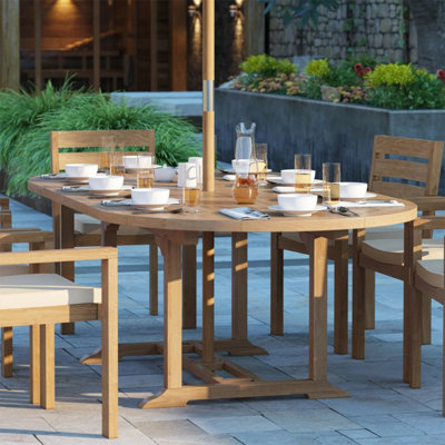 Truro Teak Garden Outdoor Dining Table & 8 Seat Chair Set - With Cream ...
