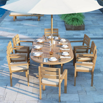 Truro Teak Garden Outdoor Dining Table & 8 Seat Chair Set - With Green ...