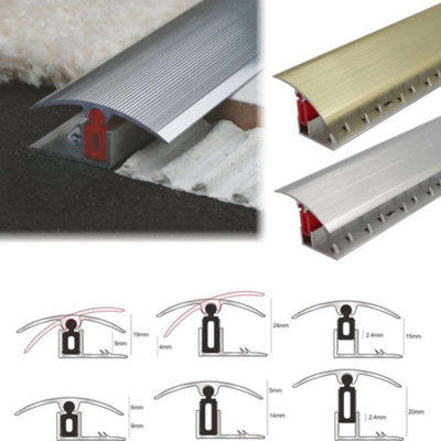TTG 40mm Aluminium door Threshold Strip Adjustable Height/Pivots Easy clip Carpet - Bright Silver