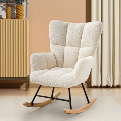 Tufted Upholstered Rocking Chair with High Back and Metal Frame White