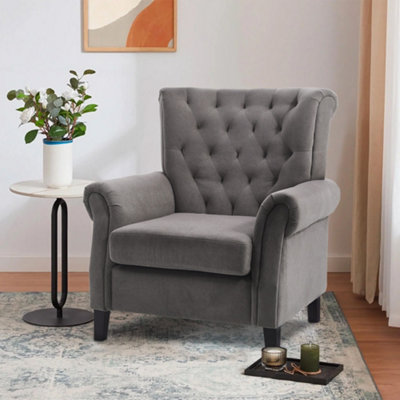 Tufted Upholstered Wingback Grey Accent Armchair