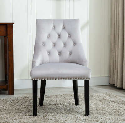 Tufted Velvet Fabric Studded Dining Chair Victoria Accent Side Chair Light Grey by MCC