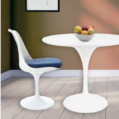 Tulip Set - White Medium Circular Table and Two Chairs with Luxurious Cushion Dark Blue