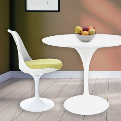 Tulip Set - White Medium Circular Table and Two Chairs with Luxurious Cushion Green