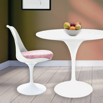 Tulip Set - White Medium Circular Table and Two Chairs with Luxurious Cushion Light Pink