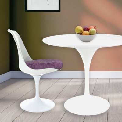 Tulip Set - White Medium Circular Table and Two Chairs with Luxurious Cushion Purple