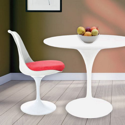 Tulip Set - White Medium Circular Table and Two Chairs with Luxurious Cushion Raspberry Red