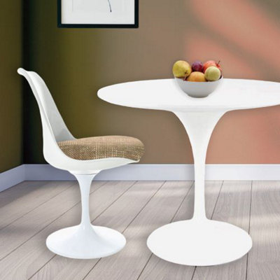 Tulip Set - White Medium Circular Table and Two Chairs with Textured Cushion Beige