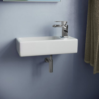 Tulla 375 x 185mm Small Cloakroom Rectangle Wall Hung Basin Sink and Fittings Right Hand