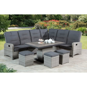 Tulla Luxury Reclining Rattan Corner Lounge/Dining Set for Garden with Height Adjustable Table