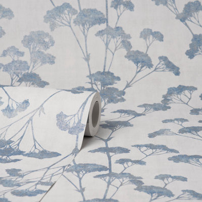 Tulsa Sprig Blue & Light Grey Glitter Floral Wallpaper M1539