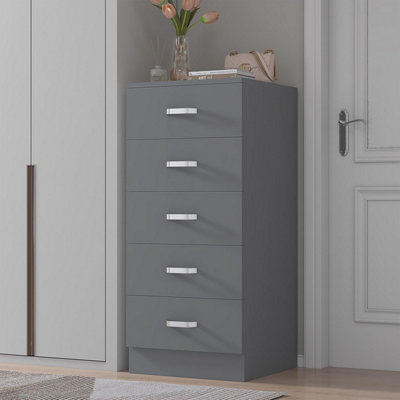 Tunis 5 Drawer Tall Slim Chest Of Drawers - Matt Grey