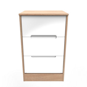 Turin 3 Drawer Bedside Cabinet in White Gloss & Bardolino Oak (Ready Assembled)
