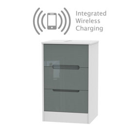 Turin 3 Drawer Bedside  - WIRELESS CHARGING in Grey Gloss & White (Ready Assembled)
