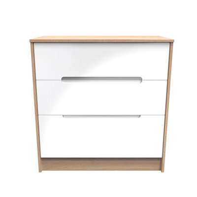 Turin 3 Drawer Deep Chest in White Gloss & Bardolino Oak (Ready Assembled)