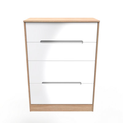 Turin 4 Drawer Deep Chest in White Gloss & Bardolino Oak (Ready Assembled)