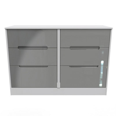 Turin 6 Drawer Wide Chest in Grey Gloss & White (Ready Assembled)