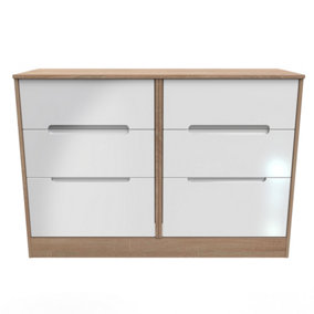 Turin 6 Drawer Wide Chest in White Gloss & Bardolino Oak (Ready Assembled)
