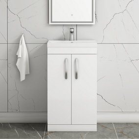 Turin Gloss White 500mm Floor Standing Vanity Unit 2 Door with Mid-Edge Basin Sink