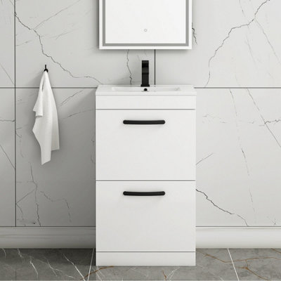 Turin Gloss White 500mm Floor Standing Vanity Unit 2 Drawer with Minimalist Basin Sink & Matt Black Handles