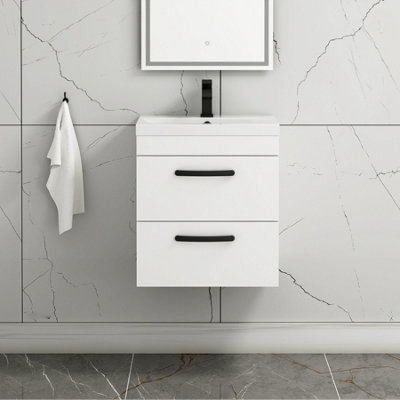 Turin Gloss White 500mm Wall Hung Vanity Unit 2 Drawer with Mid-Edge Basin Sink & Matt Black Handles