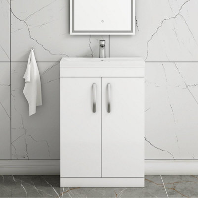 Turin Gloss White 600mm Floor Standing Vanity Unit 2 Door with Mid-Edge Basin Sink