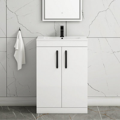 Turin Gloss White 600mm Floor Standing Vanity Unit 2 Door with Minimalist Basin Sink & Matt Black Handles