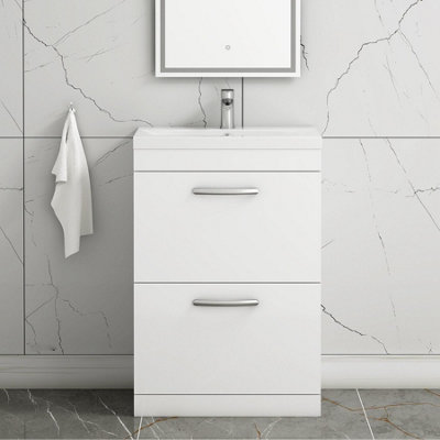 Turin Gloss White 600mm Floor Standing Vanity Unit 2 Drawer with Mid-Edge Basin Sink
