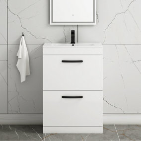 Turin Gloss White 600mm Floor Standing Vanity Unit 2 Drawer with Minimalist Basin Sink & Matt Black Handles