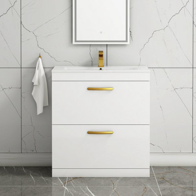 Turin Gloss White 800mm Floor Standing Vanity Unit 2 Drawer with Minimalist Basin Sink & Brushed Brass Handles