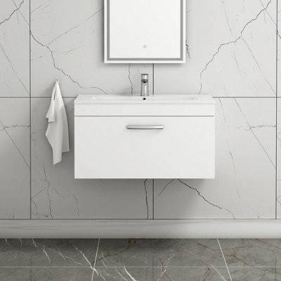 Turin Gloss White 800mm Wall Hung Vanity Unit 1 Drawer with Minimalist Basin Sink