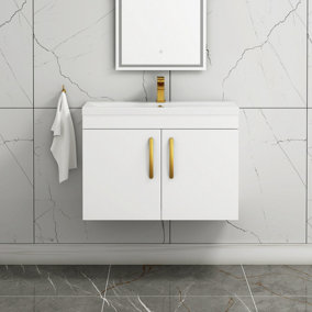 Turin Gloss White 800mm Wall Hung Vanity Unit 2 Door with Mid-Edge Basin Sink & Brushed Brass Handles