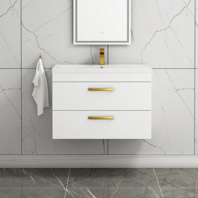 Turin Gloss White 800mm Wall Hung Vanity Unit 2 Drawer with Mid-Edge Basin Sink & Brushed Brass Handles