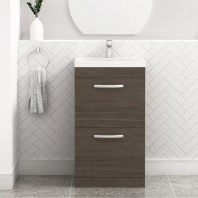 Turin Grey Elm 500mm Floor Standing Vanity Unit 2 Drawer with Mid-Edge Basin Sink