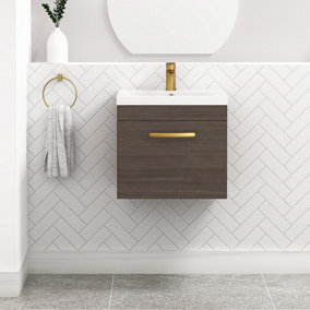Turin Grey Elm 500mm Wall Hung Vanity Unit 1 Drawer with Mid-Edge Basin Sink & Brushed Brass Handles
