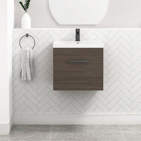 Turin Grey Elm 500mm Wall Hung Vanity Unit 1 Drawer with Mid-Edge Basin Sink & Matt Black Handles