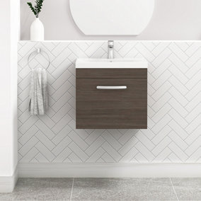 Turin Grey Elm 500mm Wall Hung Vanity Unit 1 Drawer with Mid-Edge Basin Sink