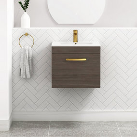 Turin Grey Elm 500mm Wall Hung Vanity Unit 1 Drawer with Minimalist Basin Sink & Brushed Brass Handles